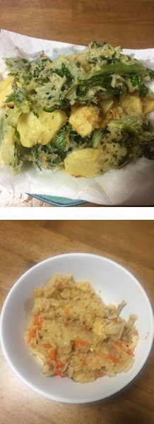 じゃがいもとセロリの葉の天ぷらと炊き込みご飯をつくりました